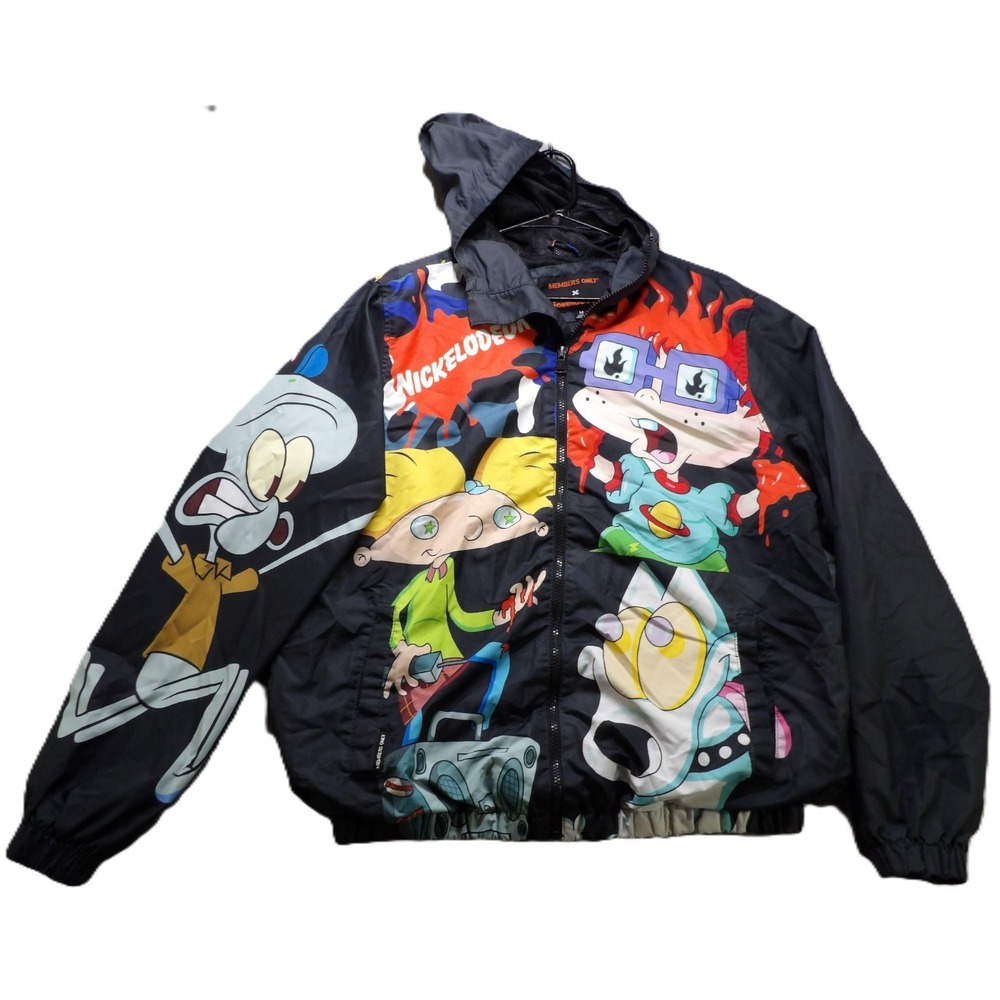Members Only Nickelodeon Jacket Men M AOP Black Full Zipper Hooded Windbreaker